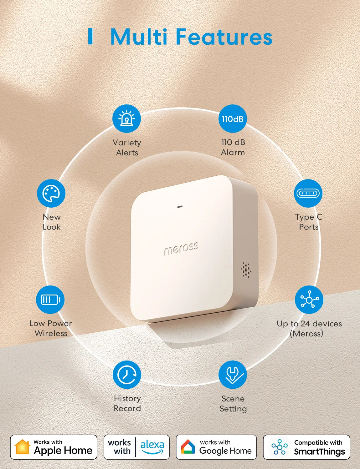 Hub WiFi Meross MSH400 - Passerelle 433 MHz - 24 Appareils - Alarme 110dB - HomeKit & Alexa