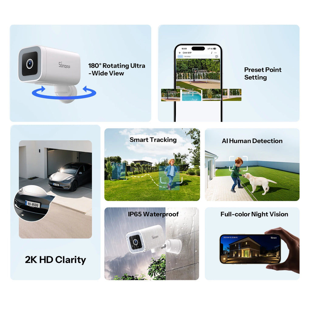 Caméra Extérieure WiFi SONOFF CAM-B1P - 2K QHD - Détection IA - Rotation 180° - IP65