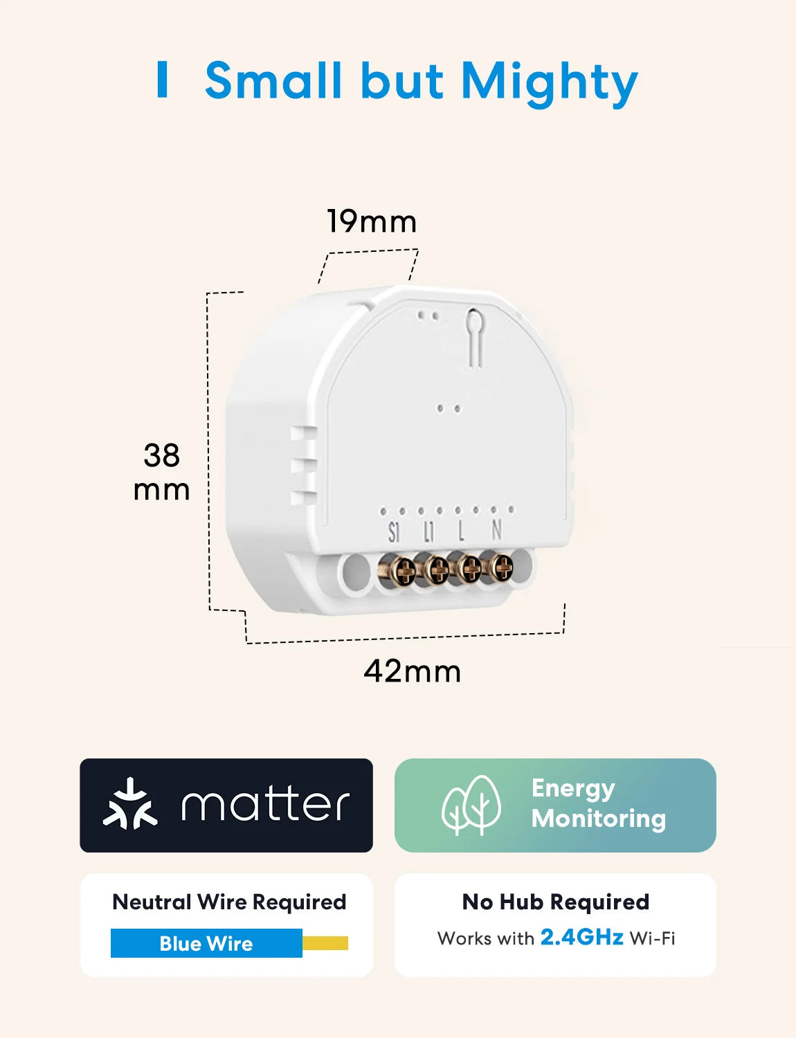 Micro-Module Encastrable Matter Meross MSS815 - WiFi - Suivi Énergie - HomeKit & Alexa - Neutre