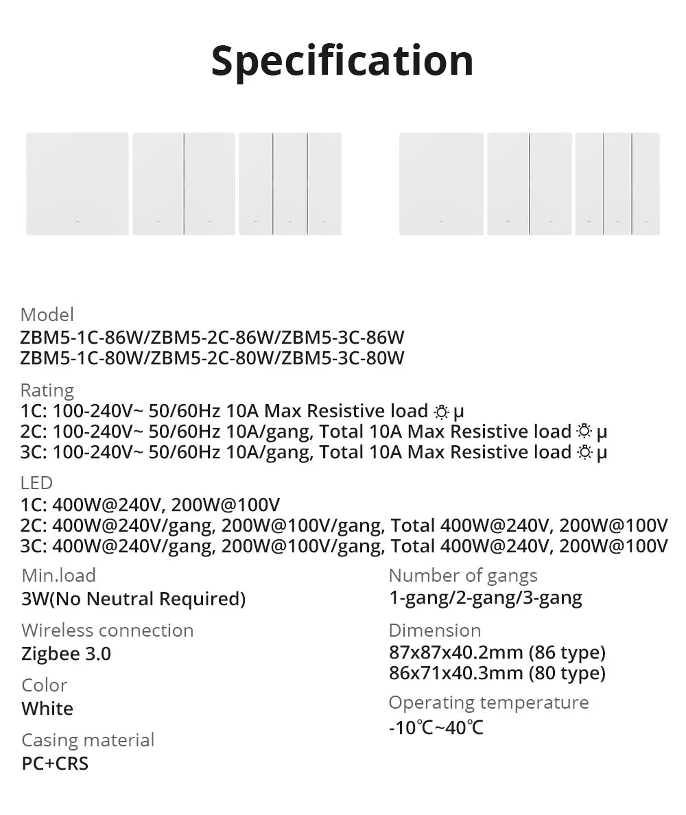 Interrupteur Mural Zigbee SONOFF ZBM5 - 1/2/3 Boutons - Avec ou Sans Neutre - Detach Relay - Format 80/86mm