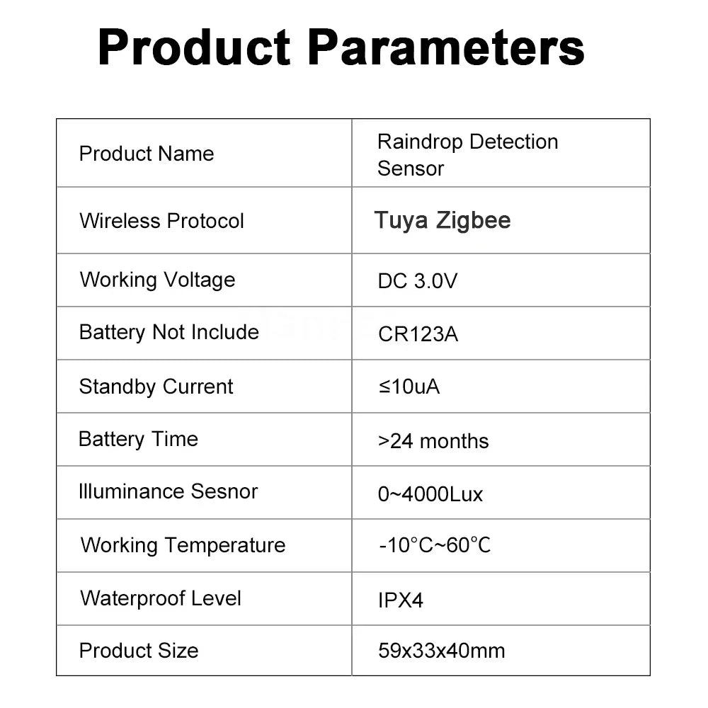Capteur de Pluie & Luminosité Zigbee Tuya - 2 en 1 - IPX4 Extérieur - Home Assistant Z2M