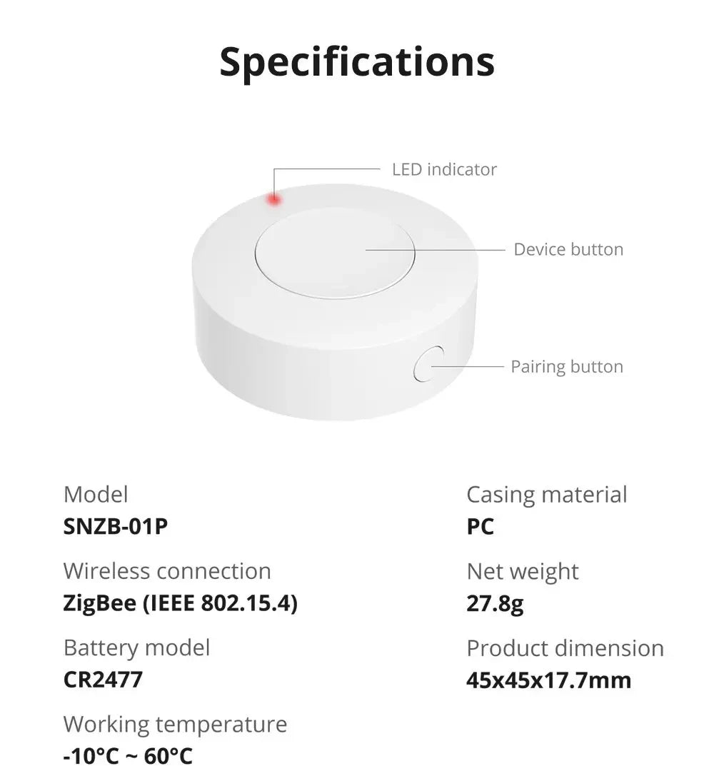Bouton Intelligent Zigbee SONOFF SNZB-01P - 3 Actions - Interrupteur Sans Fil - 5 ans