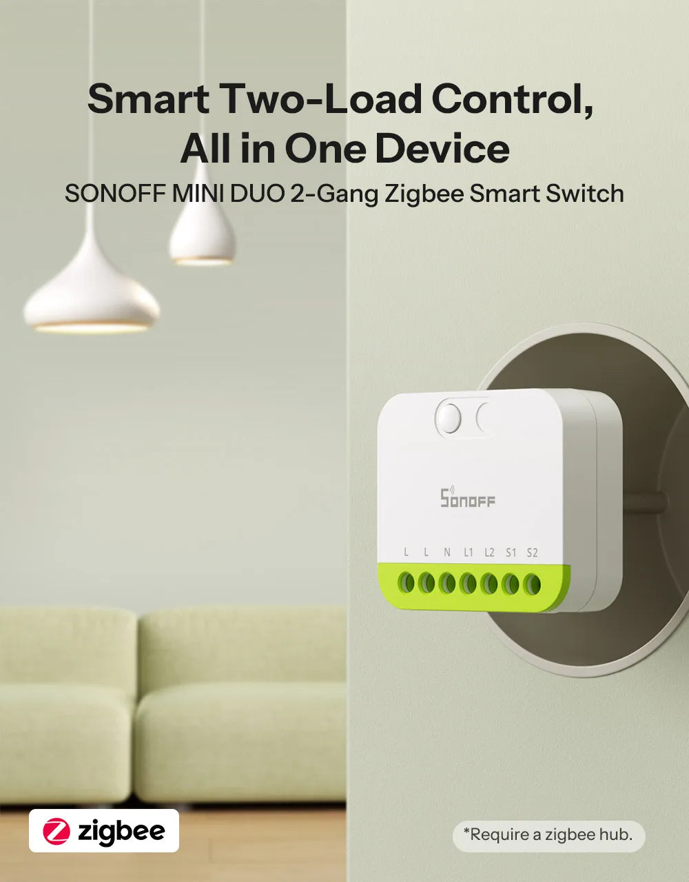 Micro-Module Zigbee SONOFF MINI DUO ZB2GS - 2 Canaux - 10A/16A - Repeteur Zigbee - Avec Neutre