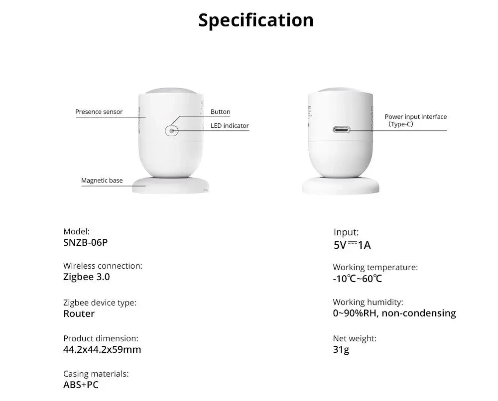 Capteur de Présence Humaine Zigbee SONOFF SNZB-06P - Radar mmWave 5.8 GHz - Détection Immobile