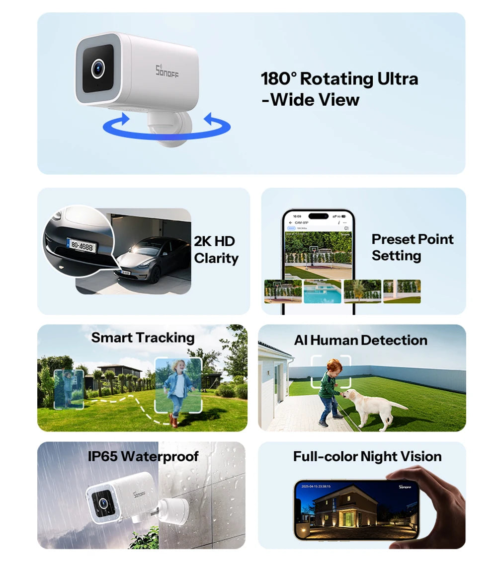 Caméra Extérieure WiFi SONOFF CAM-B1P - 2K QHD - Détection IA - Rotation 180° - IP65