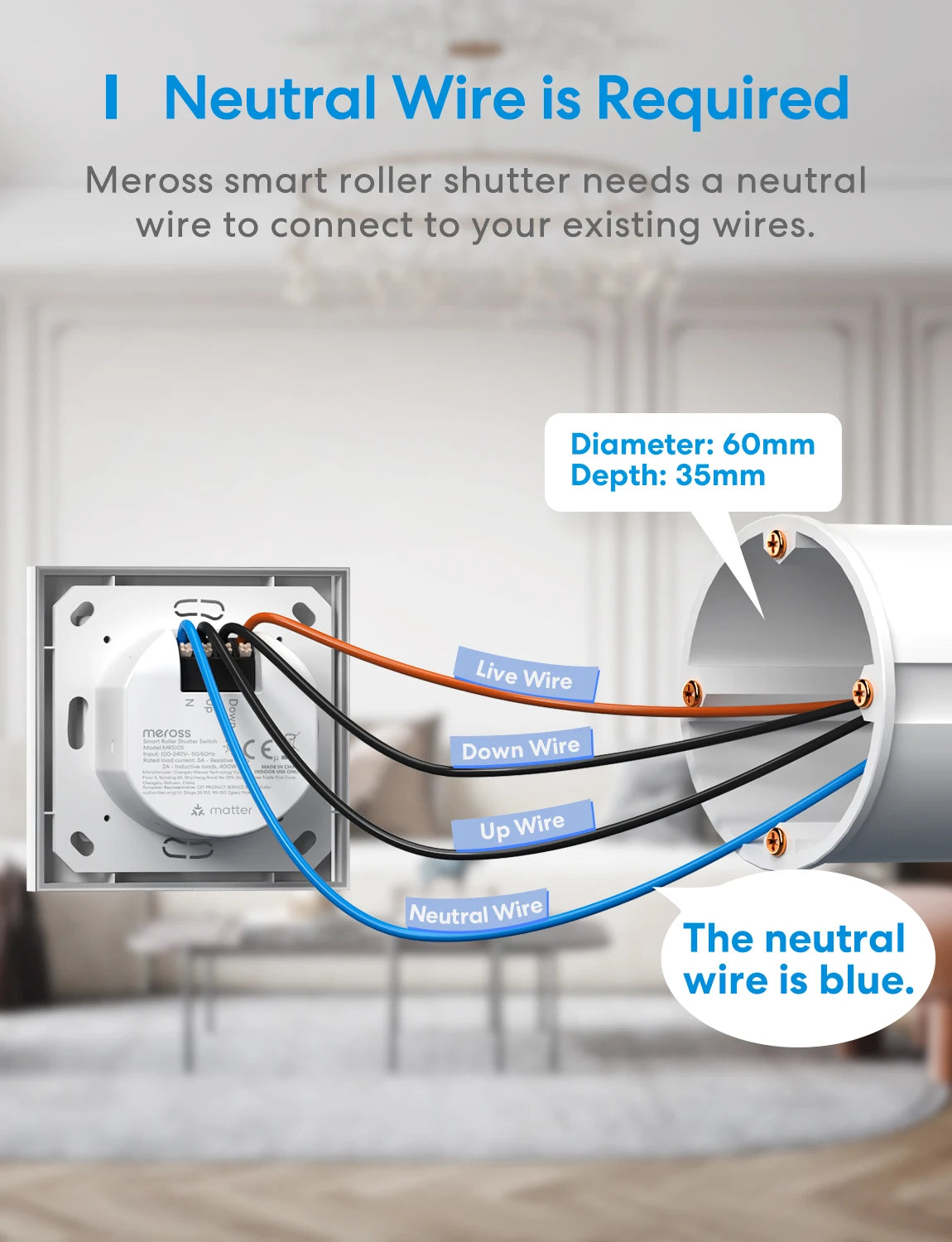 Interrupteur Volet Roulant Matter Meross MRS105 - WiFi - Calibration Auto - HomeKit & Alexa - Neutre