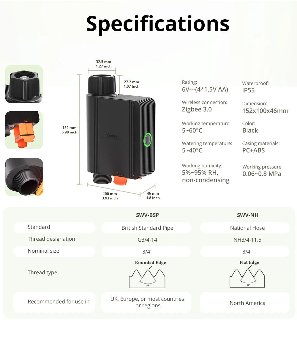 Vanne d'Arrosage Connectée Zigbee SONOFF SWV - Suivi Consommation Eau - IP55 - Programmation