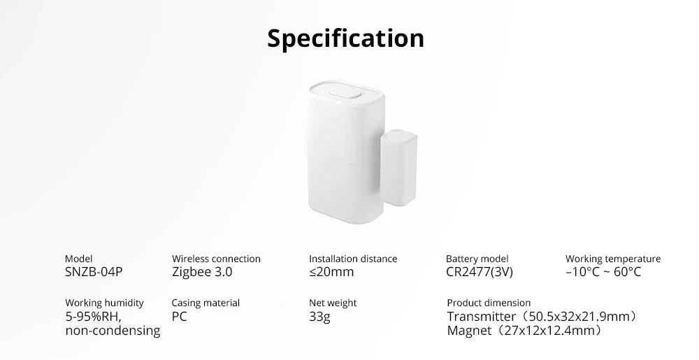Détecteur d'Ouverture Zigbee SONOFF SNZB-04P - Anti-Sabotage - 5 ans - Porte & Fenêtre