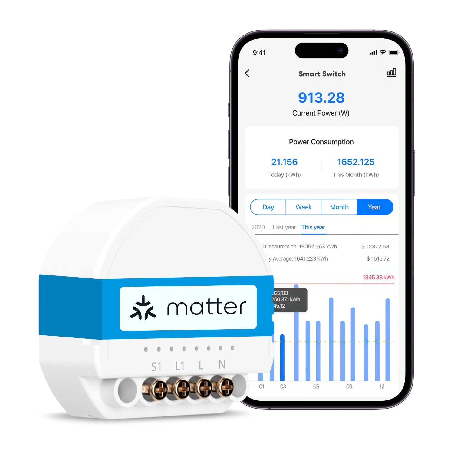 Micro-Module Encastrable Matter Meross MSS815 - WiFi - Suivi Énergie - HomeKit & Alexa - Neutre