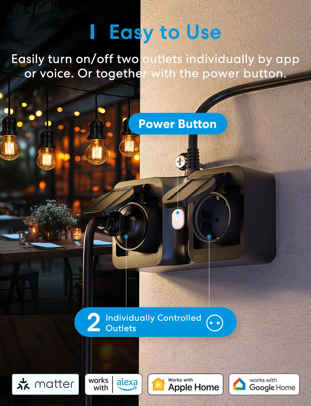 Prise Extérieure WiFi Matter Meross IP44 - 2 Prises 16A - Suivi Énergie - HomeKit & Alexa