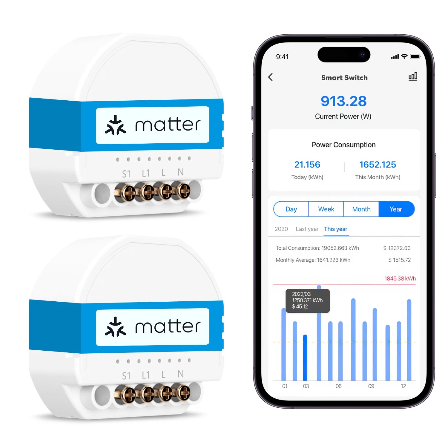 Micro-Module Encastrable Matter Meross MSS815 - WiFi - Suivi Énergie - HomeKit & Alexa - Neutre