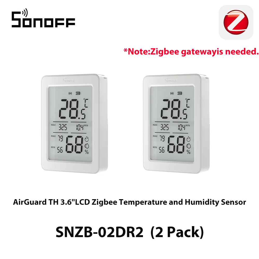 Pack de 2 Capteurs SONOFF SNZB-02DR2 AirGuard TH – Écran LCD 3,6" – Température & Humidité – ZigBee 3.0 – Compatible Apple Home via Matter Bridge