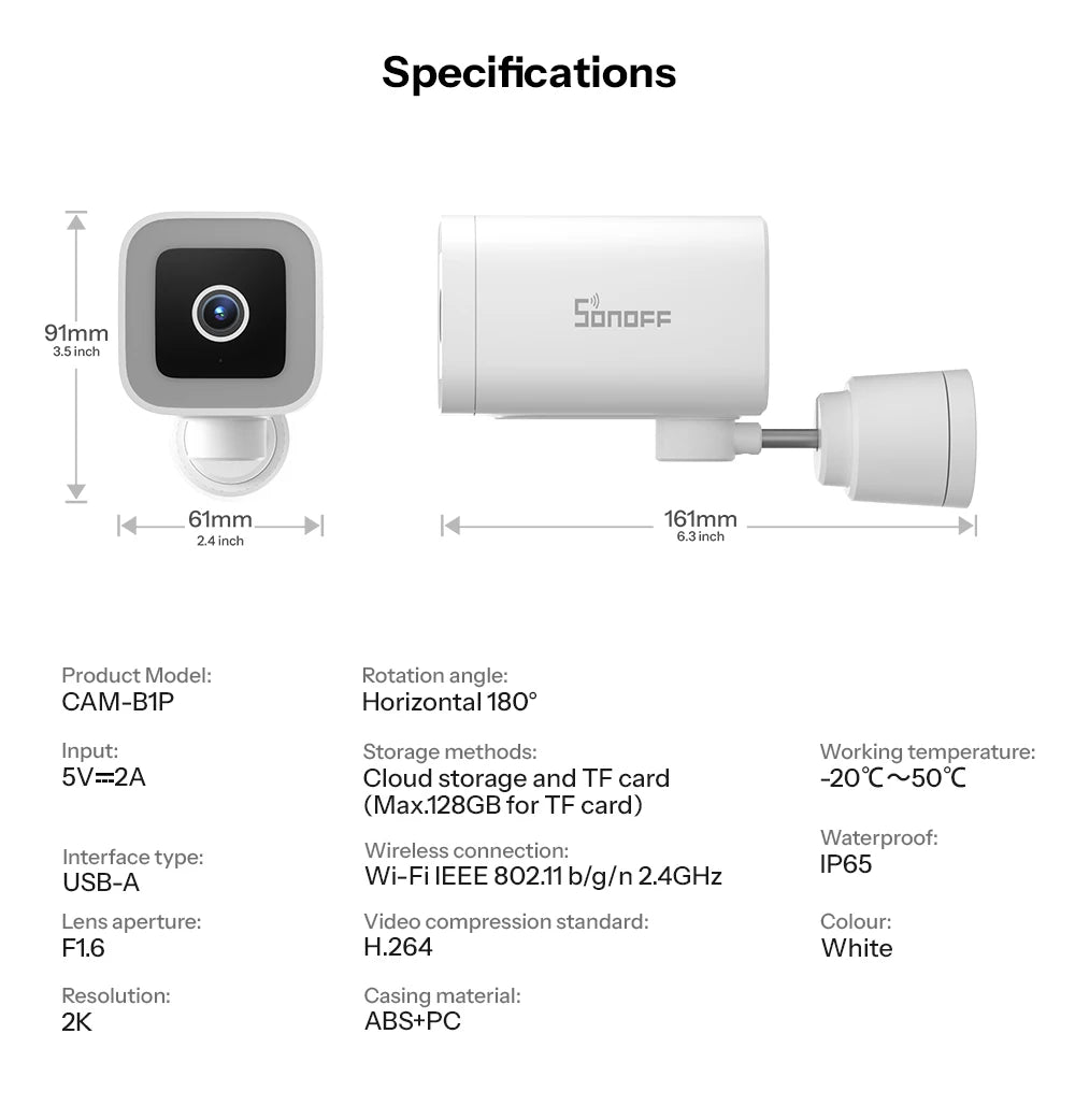 Caméra Extérieure WiFi SONOFF CAM-B1P - 2K QHD - Détection IA - Rotation 180° - IP65