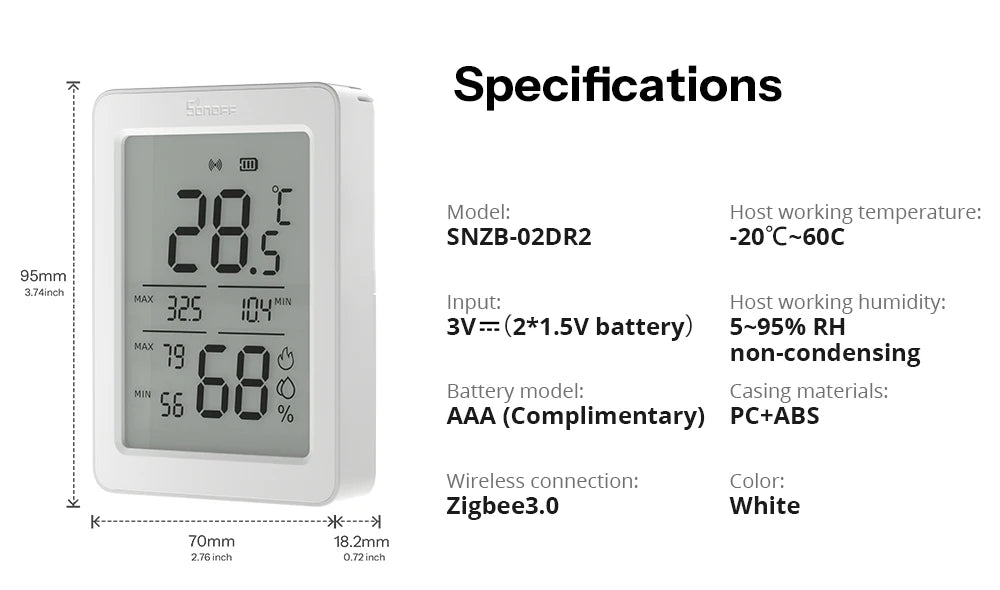 Pack de 2 Capteurs SONOFF SNZB-02DR2 AirGuard TH – Écran LCD 3,6" – Température & Humidité – ZigBee 3.0 – Compatible Apple Home via Matter Bridge
