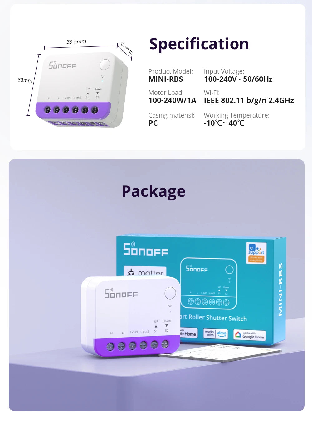 Module Volet Roulant Matter SONOFF MINI-RBS - WiFi - Controle % - Calibration Auto - HomeKit & Alexa