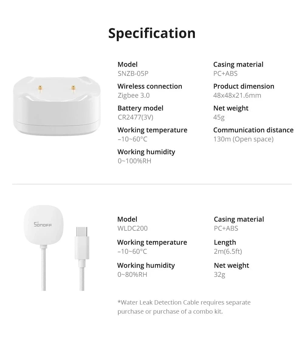 Détecteur de Fuite d'Eau Zigbee SONOFF SNZB-05P - IP67 - Détection 0,5 mm - Câble 2 m