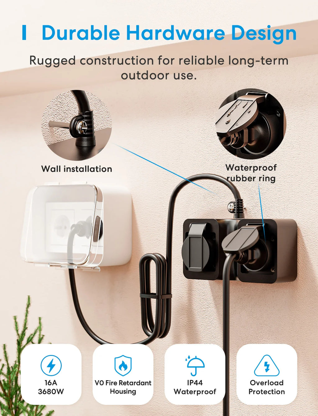 Prise Extérieure WiFi Matter Meross IP44 - 2 Prises 16A - Suivi Énergie - HomeKit & Alexa