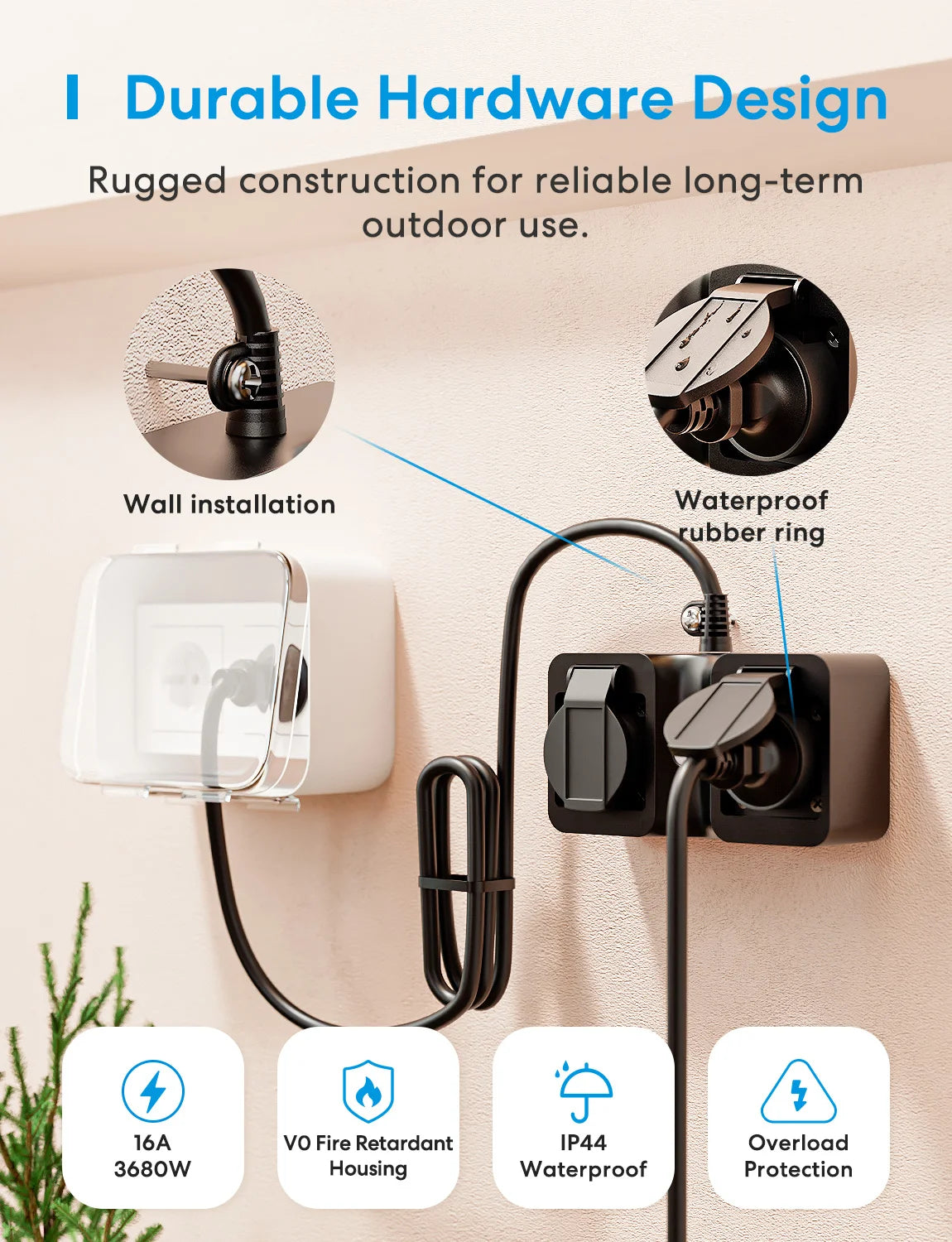 Prise Extérieure WiFi Matter Meross IP44 - 2 Prises 16A - Suivi Énergie - HomeKit & Alexa