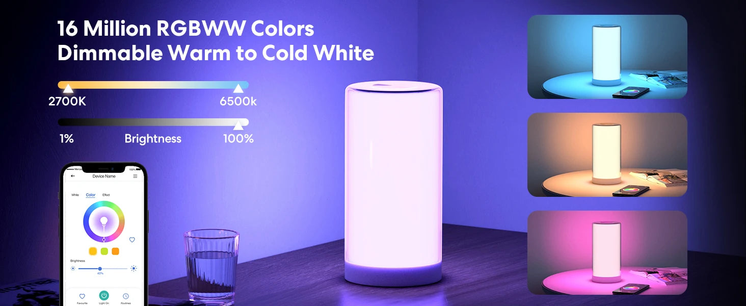Lampe de Chevet WiFi Meross MSL430 - RGBWW - Variateur Tactile - 2700K-6500K - HomeKit & Alexa