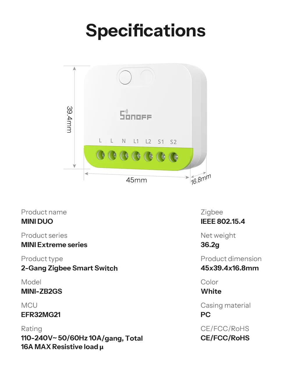 Micro-Module Zigbee SONOFF MINI DUO ZB2GS - 2 Canaux - 10A/16A - Repeteur Zigbee - Avec Neutre