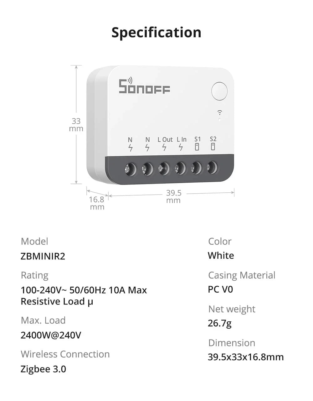 Micro-Module Zigbee SONOFF ZBMINIR2 - Avec Neutre - 10A - Répéteur Zigbee - Va-et-vient