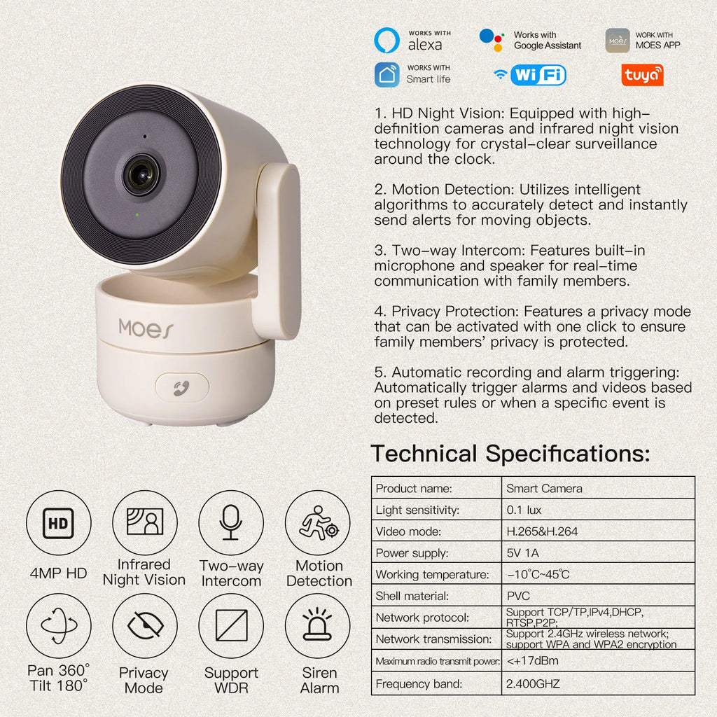 Caméra Intérieure WiFi MOES P52 - 1080P PTZ 360° - Suivi Automatique - Vision Nocturne