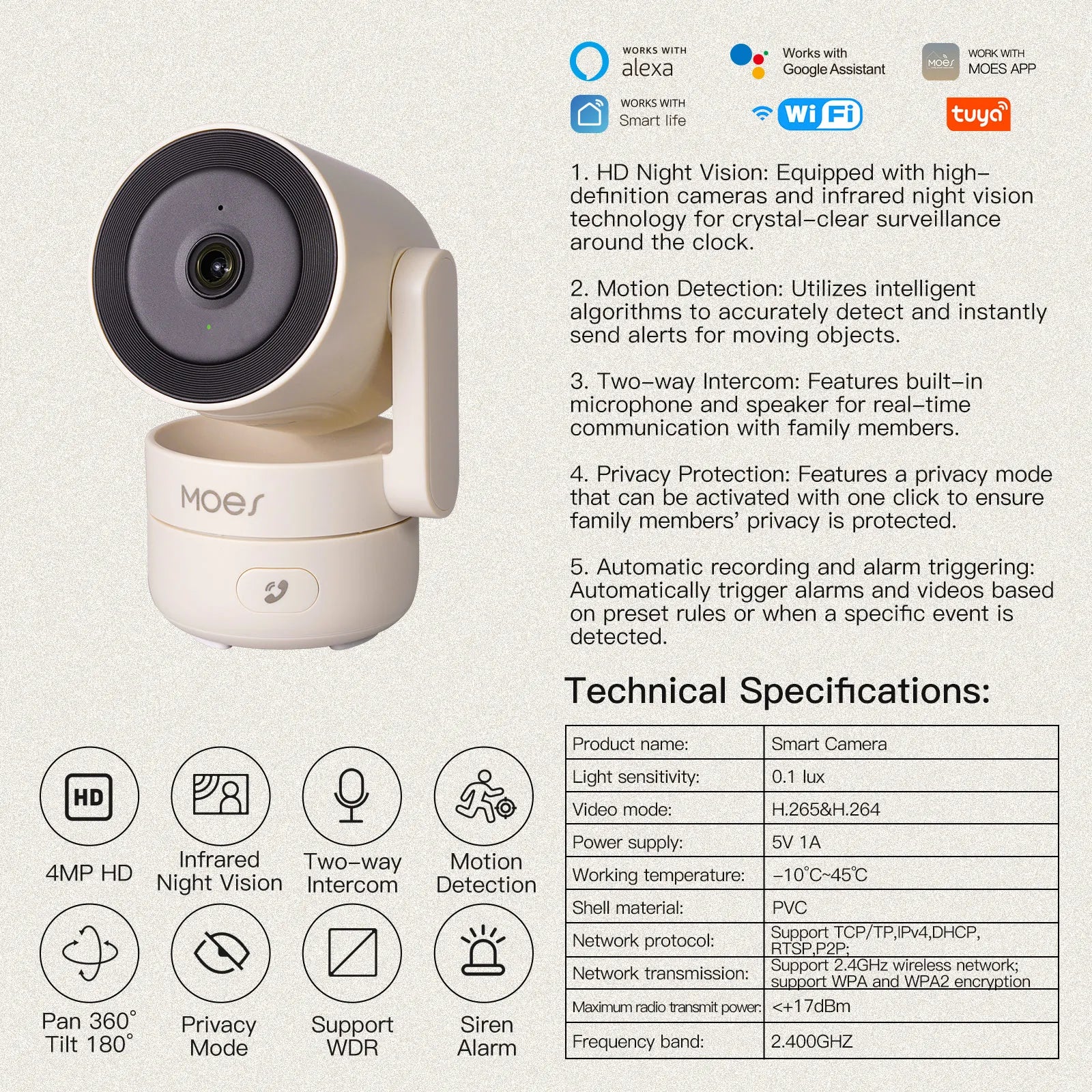 Caméra Intérieure WiFi MOES P52 - 1080P PTZ 360° - Suivi Automatique - Vision Nocturne