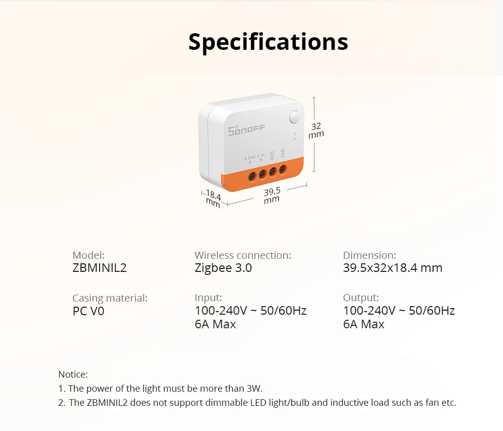 Micro-Module Zigbee SONOFF ZBMINIL2 - Sans Neutre - Ultra Compact - Va-et-vient - Alexa & HA
