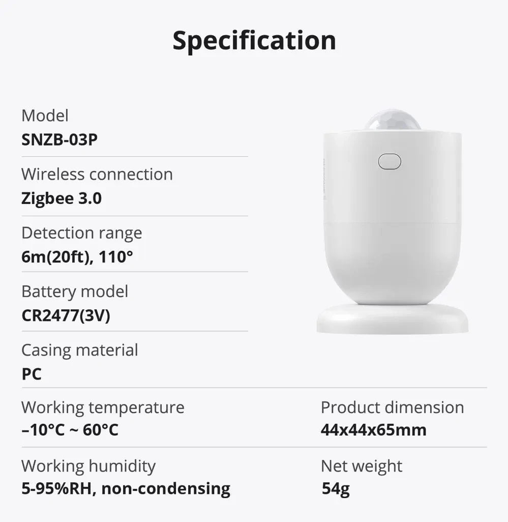 Détecteur de Mouvement Zigbee SONOFF SNZB-03P - PIR 110° - Capteur Luminosité - 3 ans